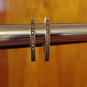 Sterling Silver Marcasite Diamonique CZ Oval Hoops Hoop Earrings